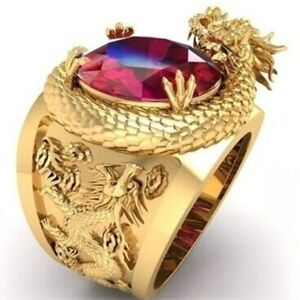 Gold Dragon Ring with Red Gemstone Unisex/ Men New 3D Size 7